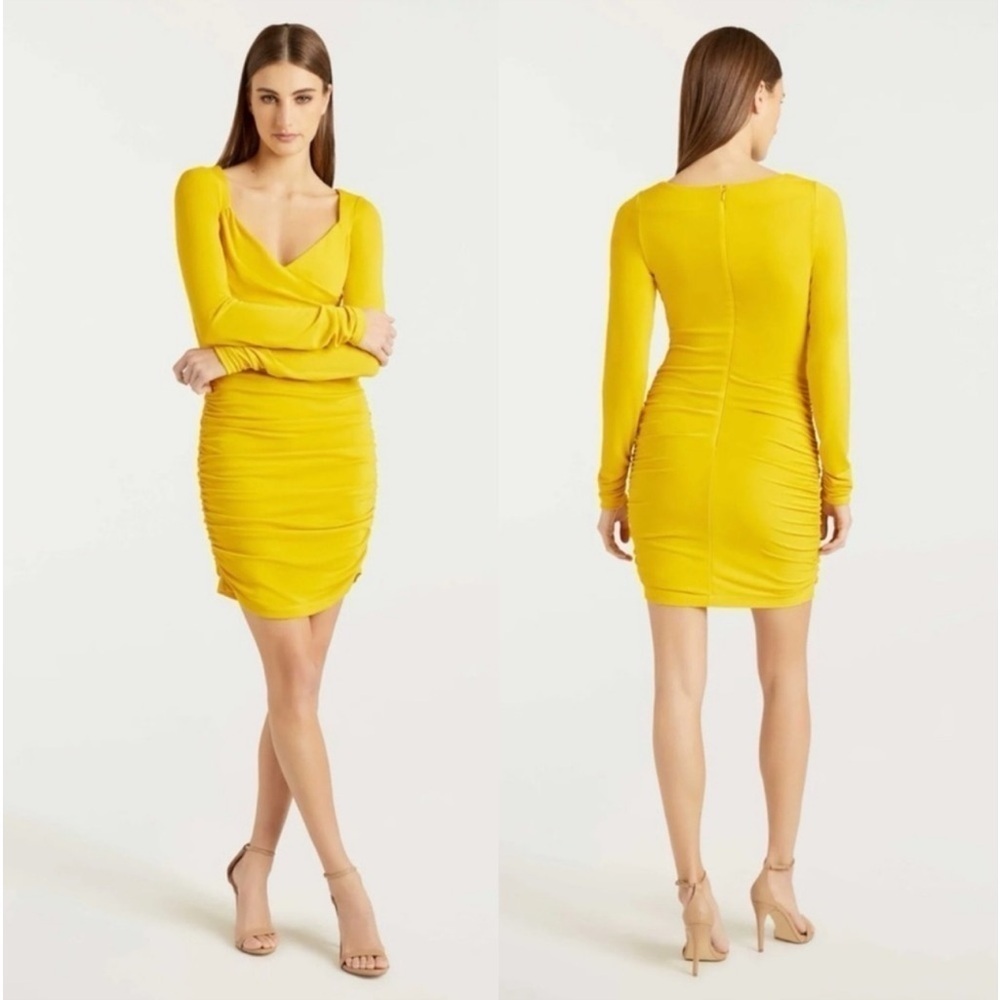 NEW! Cinq A Sept- Yellow Long Sleeve Ruched V Neck Miah Mini Dress NWOT - Picture 1 of 10
